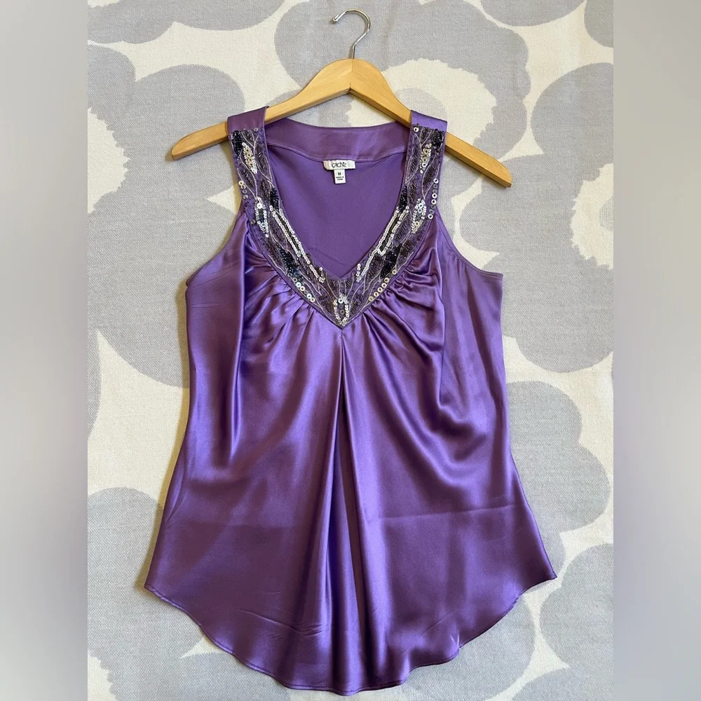 Cache Top Vintage Silk Jazz Age Blouse Sleeveless Sequined Amethyst Size M - Picture 3 of 16